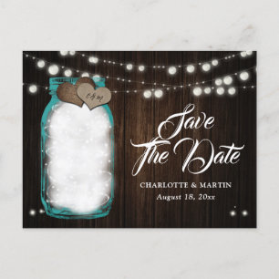 Rustic Teal Mason Jar Wedding Save The Date Announcement Postcard