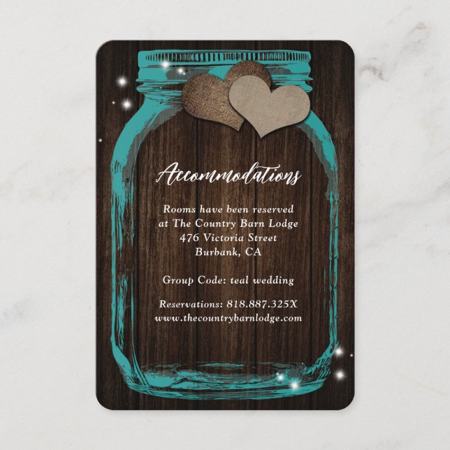 Rustic Teal Mason Jar Wood Accommodation Card (Front)