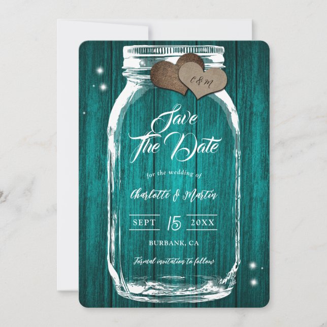 Rustic Teal Mason Jar Wood Fall Wedding Save The Date (Front)