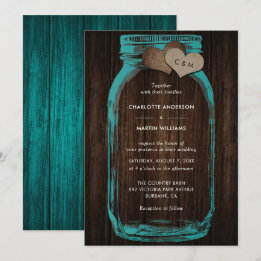 Rustic Teal Mason Jar Wood Hearts Monogram Wedding Invitation