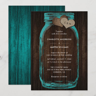 Rustic Teal Mason Jar Wood Hearts Monogram Wedding Invitation