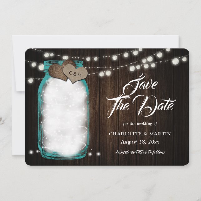 Rustic Teal Mason Jar Wood String Lights Wedding Save The Date (Front)
