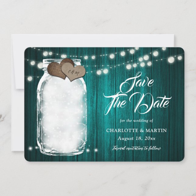 Rustic Teal Mason Jar Wood String Lights Wedding Save The Date (Front)