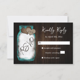 Rustic Teal Mason Jar Wood Wedding RSVP Card