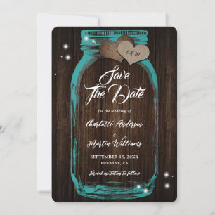 Rustic Teal Mason Jar Wood Wedding Save The Date