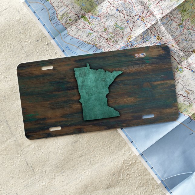 Rustic Teal Minnesota Shape License Plate (In Situ)