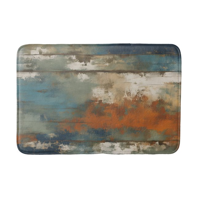 Rustic Teal Orange Beige Farmhouse Stripe Bath Mat (Front)