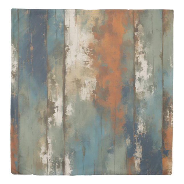 Rustic Teal Orange Beige Farmhouse Stripe Duvet Cover (Front)