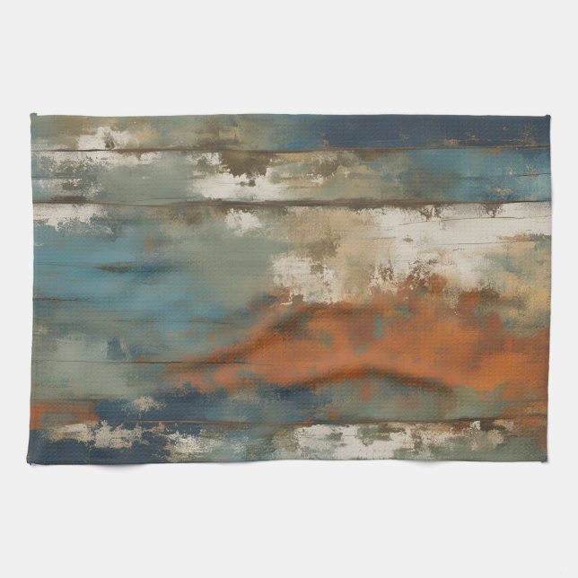Rustic Teal Orange Beige Farmhouse Stripe Kitchen Towel (Horizontal)