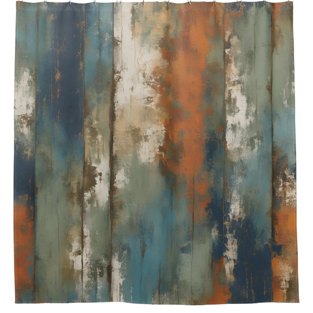 Rustic Teal Orange Beige Farmhouse Stripe Shower Curtain (Front)
