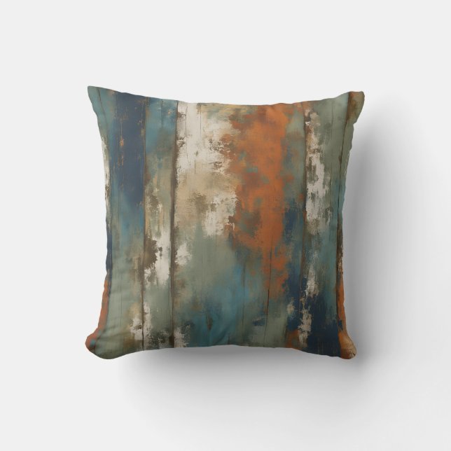 Rustic Teal Orange Beige Farmhouse Stripe Throw Pillow (Front)