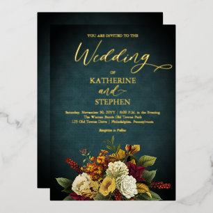 Rustic Teal Orange Red Floral Bouquet Wedding Foil Invitation