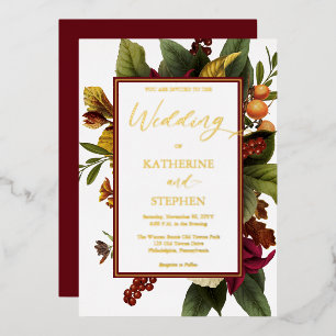 Rustic Teal Orange Red Floral Bouquet Wedding Foil Invitation