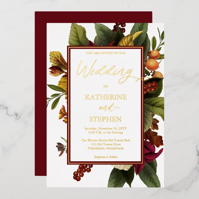 Rustic Teal | Orange | Red Floral Bouquet Wedding Foil Invitation (Front/Back)