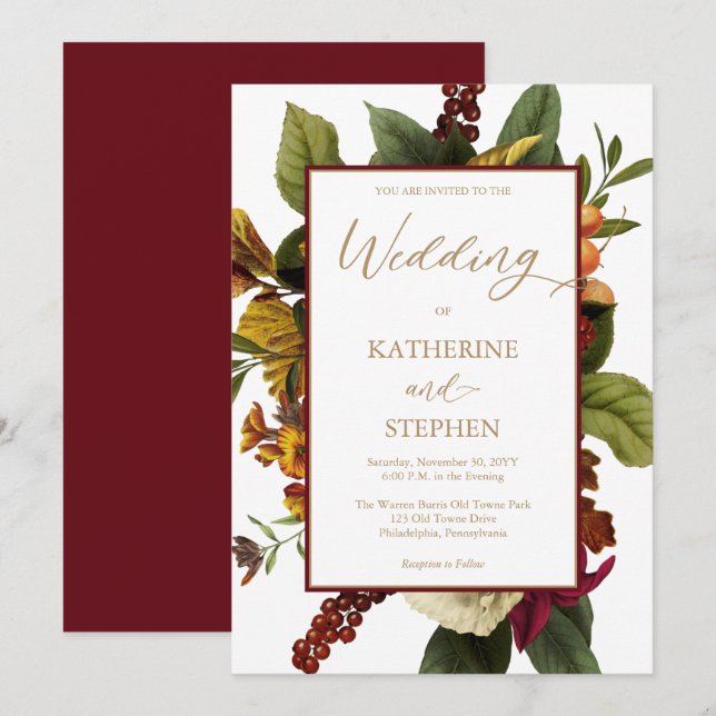 Rustic Teal | Orange | Red Floral Bouquet Wedding  Invitation (Front/Back)