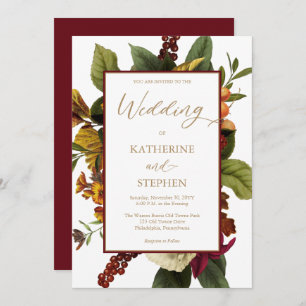 Rustic Teal Orange Red Floral Bouquet Wedding Invitation