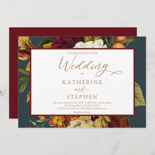 Rustic Teal  Orange  Red Floral Bouquet Wedding  Invitation