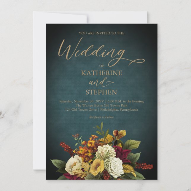 Rustic Teal | Orange | Red Floral Bouquet Wedding Invitation (Front)