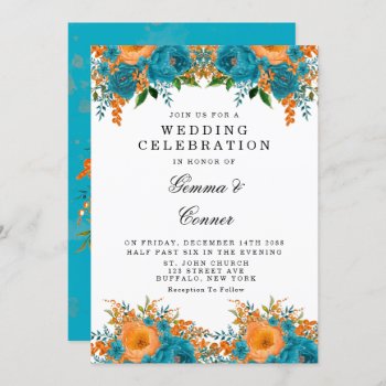 Rustic Teal Orange Watercolor Floral Wedding Invitation by Wedding_Charme at Zazzle