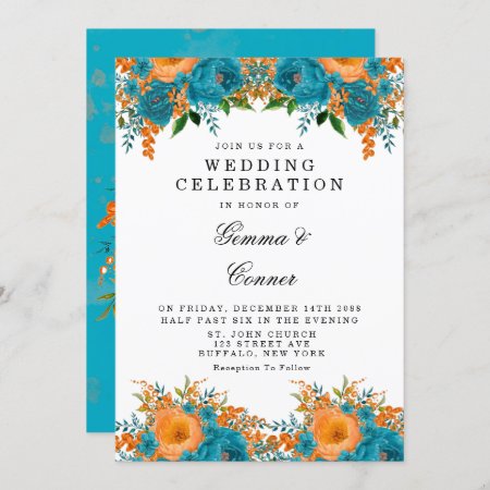 Rustic Teal Orange Watercolor Floral Wedding Invitation