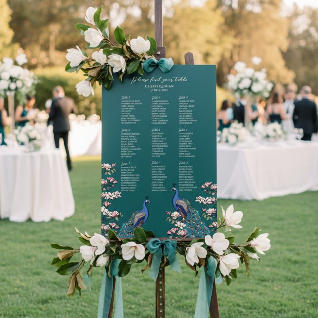 Rustic Teal Peacock 9 Table Seating Chart Foam Board (Teal Peacock Seating Chart for Couple at Peacock Wedding. Elegant Illustration of Floral Peacocks)