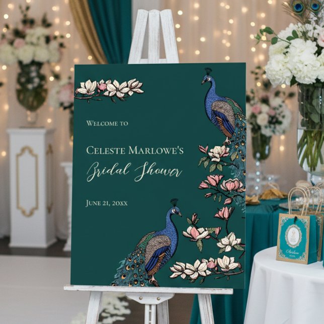Rustic Teal Peacock Garden in Bloom Welcome Sign (Elegant Teal Chinoiserie Floral Peacock Bridal Shower Welcome Signs. Blue Peacock & Teal Feathers. )