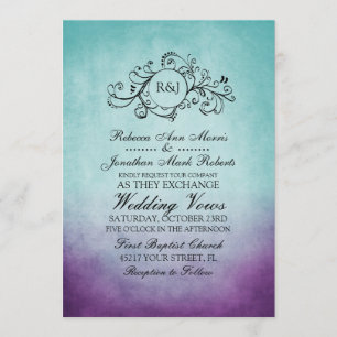 Rustic Teal Purple Bohemian Wedding Invitation