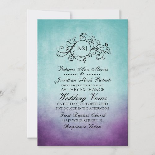 Rustic Teal Purple Bohemian Wedding Invitation