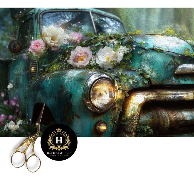 Rustic Teal Rose Truck Decoupage Tissue Paper (Creator Uploaded)