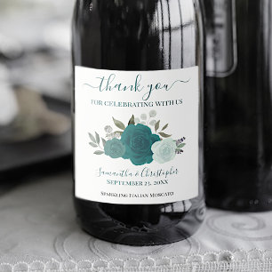 Rustic Teal Roses Elegant Boho Wedding Thank You Sparkling Wine Label