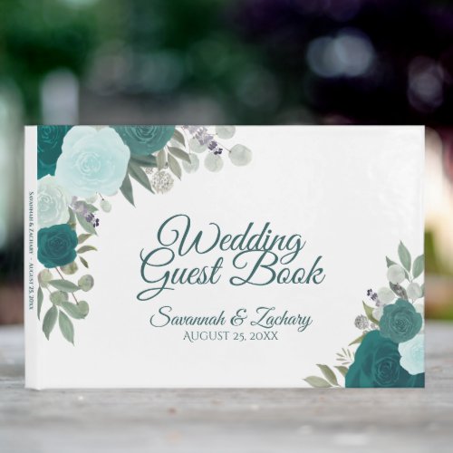 Rustic Teal Roses Elegant Floral Boho Wedding Guest Book