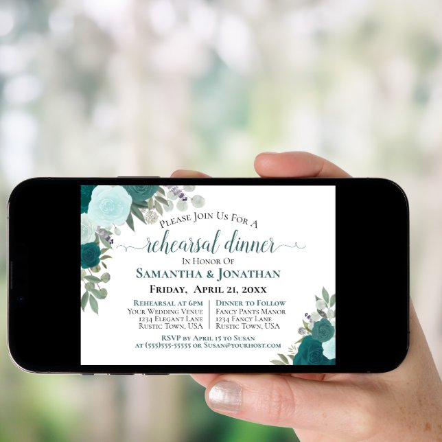 Rustic Teal Roses Floral Wedding Rehearsal Dinner Invitation (Front Digital)