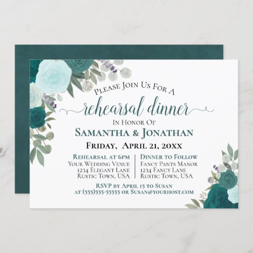 Rustic Teal Roses Floral Wedding Rehearsal Dinner Invitation