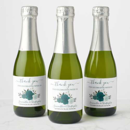 Rustic Teal Roses Wedding Thank You Mini Sparkling Wine Label