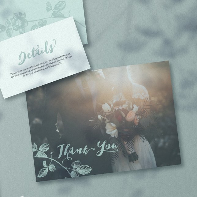 Rustic Teal Script Photo Wedding Letterpress Thank You Card (Rustic Whimsical Floral Wedding thank you card)