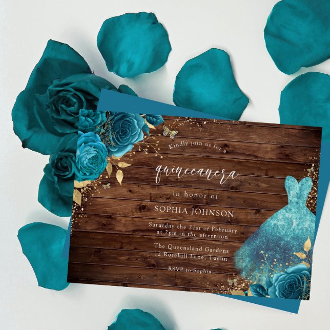 Rustic Teal Sparkle Dress Rose Quinceanera Party Invitation