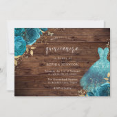 Rustic Teal Sparkle Dress Rose Quinceanera Party Invitation (Front)