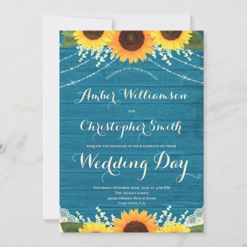 Rustic Teal String Lights Lace Sunflower Wedding Invitation