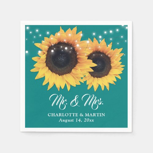 Rustic Teal String Lights Sunflower Wedding Napkins