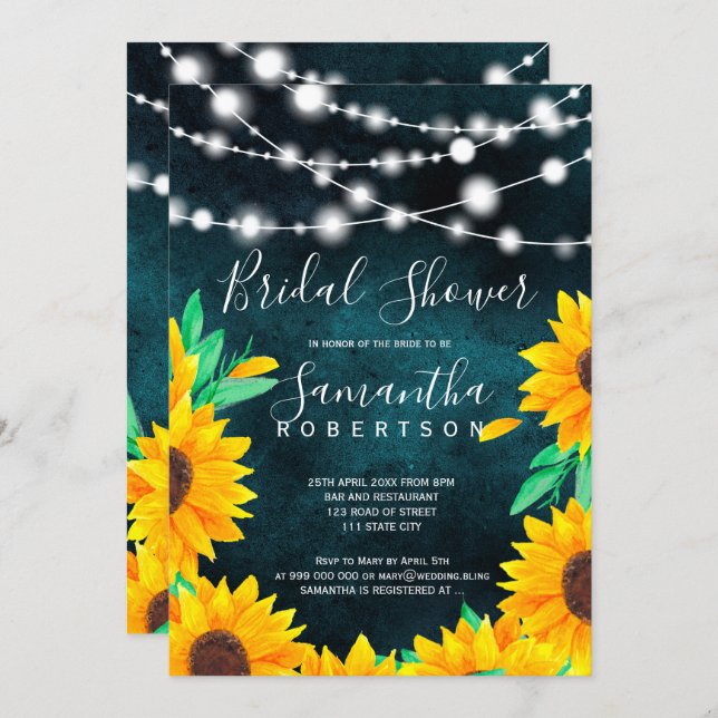 Rustic teal string lights sunflowers bridal shower invitation (Front/Back)