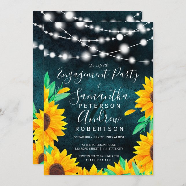Rustic teal string lights sunflowers engagement invitation (Front/Back)