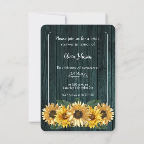 Rustic Teal Sunflower Bridal Shower Invitation