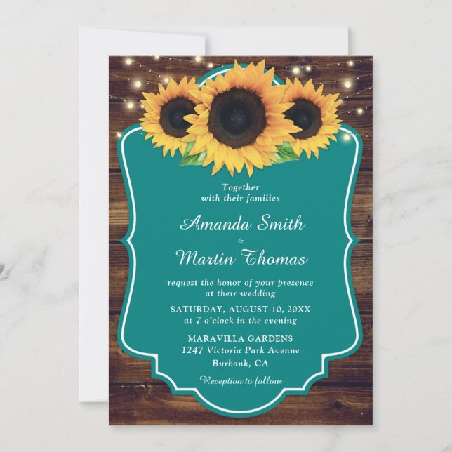 Rustic Teal Sunflower Greenery Wedding Invitation (Front)