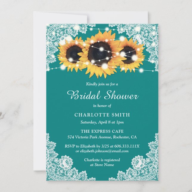 Rustic Teal Sunflower Lace Bridal Shower Invitation (Front)