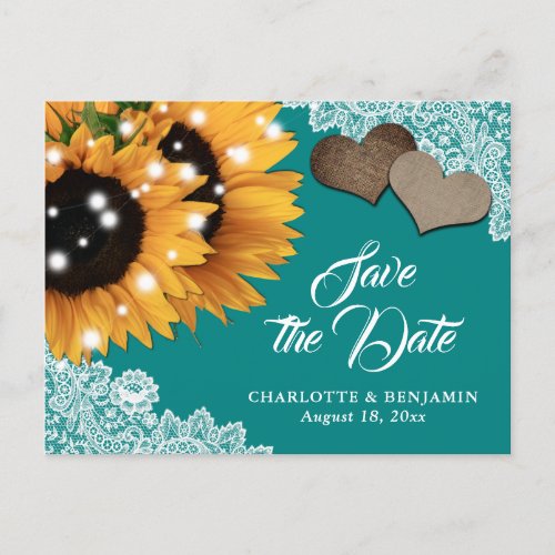 Rustic Teal Sunflower Lace Wedding Save The Date Announcement Postcard
