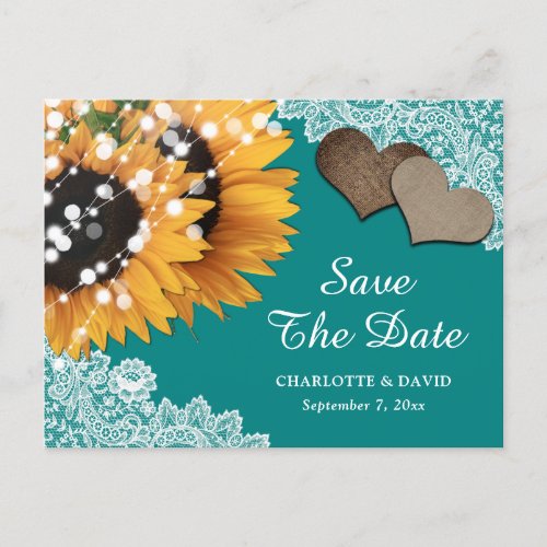 Rustic Teal Sunflower Lace Wedding Save The Date Announcement Postcard