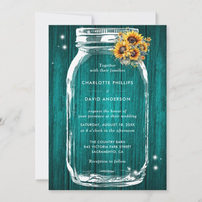 Rustic Teal Sunflower Mason Jar Wedding Invitation (Front)