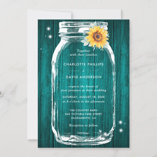 Rustic Teal Sunflower Mason Jar Wedding Invitation (Front)