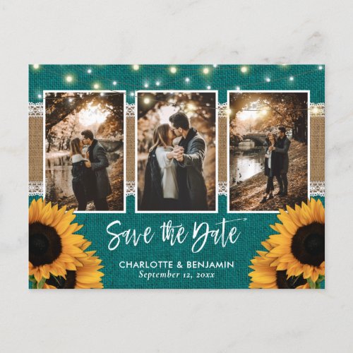 Rustic Teal Sunflower Photo Save The Date Announcement Postcard