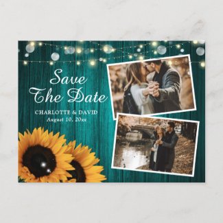 Rustic Teal Sunflower Save The Date Photo